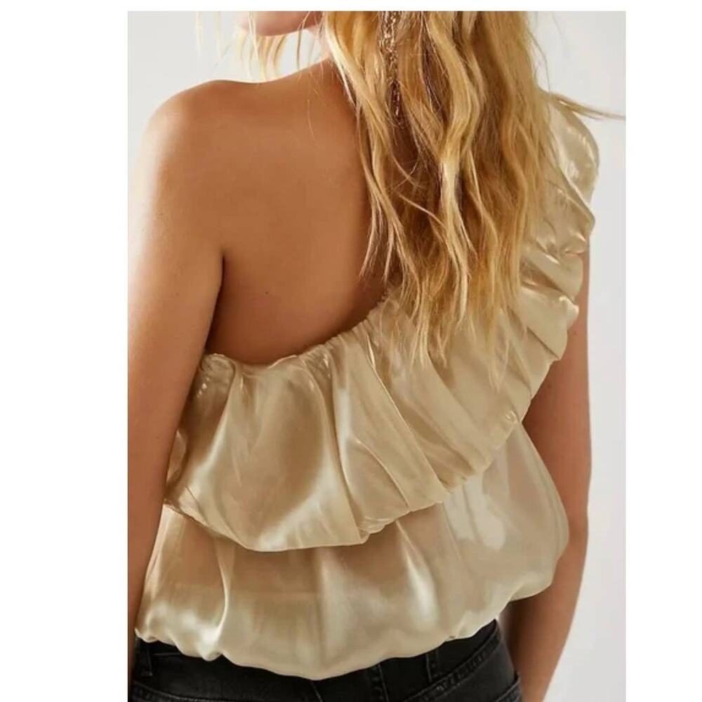 New Free People Rosetta Top $78 X-SMALL Gold SHEER One-Shoulder Shimmery - Picture 4 of 5